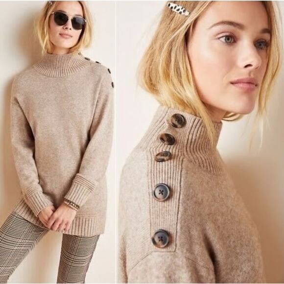 ANTHROPOLOGIE | Tan Oatmeal Mock Neck Margarita Tunic Sweater Long | Size XL - Picture 1 of 8
